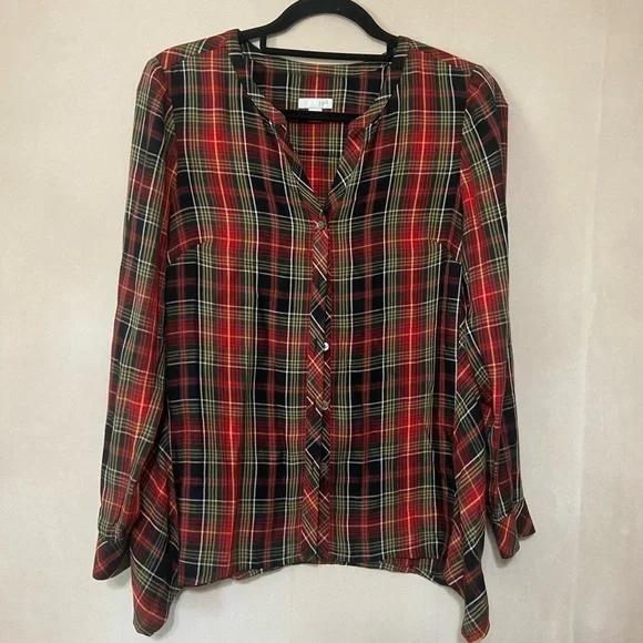 J Jill EUC plaid holiday color button down blouse with longer sides size XS Pet - Picture 2 of 5